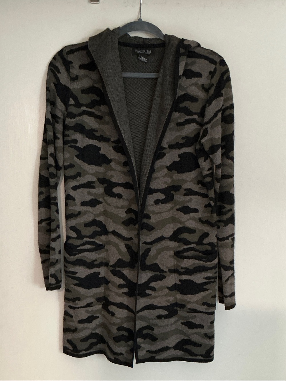 Rachel Zoe Olive & Black Camo Hooded Knit Cardigan Coatigan
